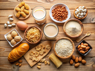Fototapeta premium Nutrient rich food items arranged on wooden table, showcasing various allergens like nuts, dairy, and grains. This colorful display highlights diversity of food options available