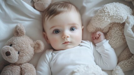 Baby with teddy bears in a cozy setting