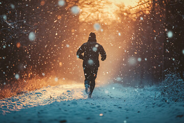 Silhouette of a runner in a snowy forest path, backlit by a golden sunset, running through the snow as large flakes fall
