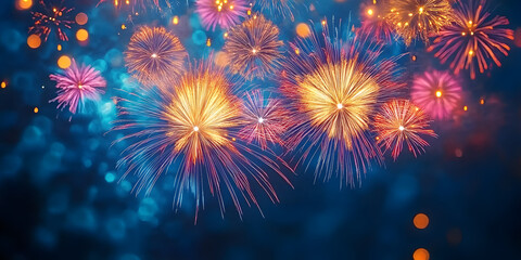 Fototapeta premium Vibrant Fireworks Display Against Dark Blue Sky