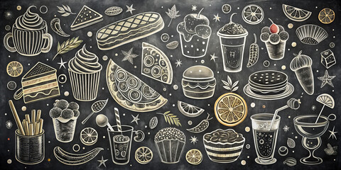 Delight in this vibrant collection of hand drawn food and drink doodles, featuring cupcakes, burgers, fruits, and refreshing beverages, all set against chalkboard background