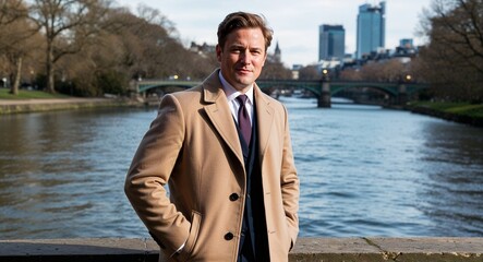 Adult British man in a formal coat confident pose portrait photo urban skyline background