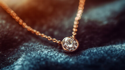 Fototapeta premium Close-up of a diamond pendant necklace on soft fabric.
