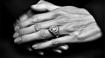 Close-up of hands with an ornate diamond ring.