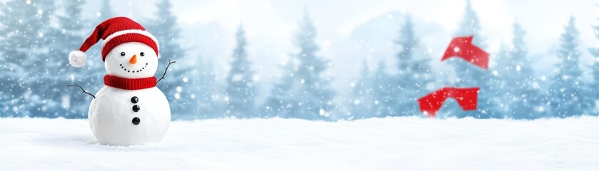 Cheerful snowman in a snowy landscape with snow-covered trees.