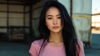Fototapeta premium A woman with long black hair and a pink shirt is standing in front of a building