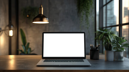 A laptop on an office desk with plants and stationery.