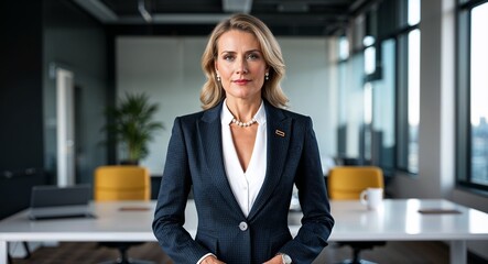 Adult German woman in formal dress and blazer focused pose portrait photo modern office background