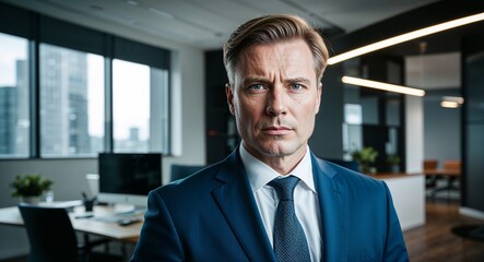 Adult German man in business attire serious expression portrait photo modern office interior background