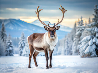 Majestic reindeer standing in snowy landscape, surrounded by frosty trees and mountains. serene winter scene captures beauty of nature and elegance of this animal