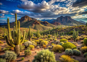Fototapeta premium Breathtaking rugged terrain of Arizonas high desert showcases towering cacti and vibrant scrubby vegetation under dramatic sky. landscape evokes sense of tranquility and adventure