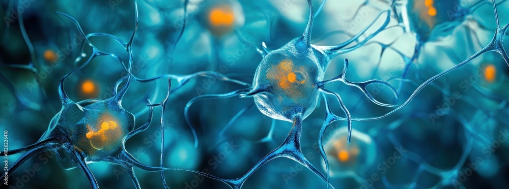 Aufkleber microscopic view of a neuron network with glowing nucleus, abstract background.