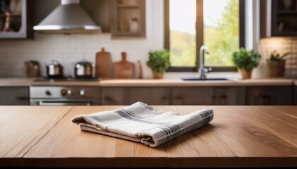 blurred kitchen interior and napkin and desk space