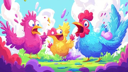Obraz premium Three cartoon chickens stand in a field of colorful paint, one pink, one yellow, and one blue. They are all looking at each other and appear to be laughing or singing.