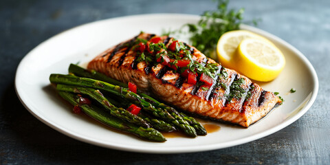 Grilled salmon fillet with asparagus and herbs garnished with lemon slices on a white plate.