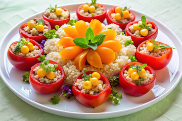 Delightful cherry tomatoes filled with quinoa and garnished with vibrant herbs create colorful and appetizing dish. This presentation is perfect for any gathering