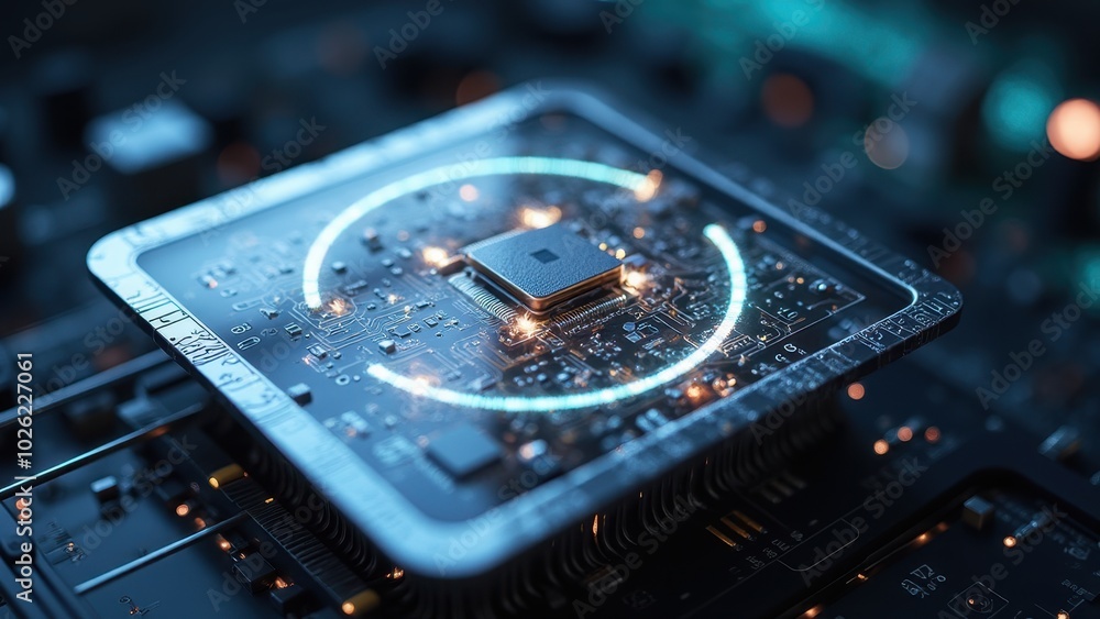 Poster futuristic microchip design with neon elements