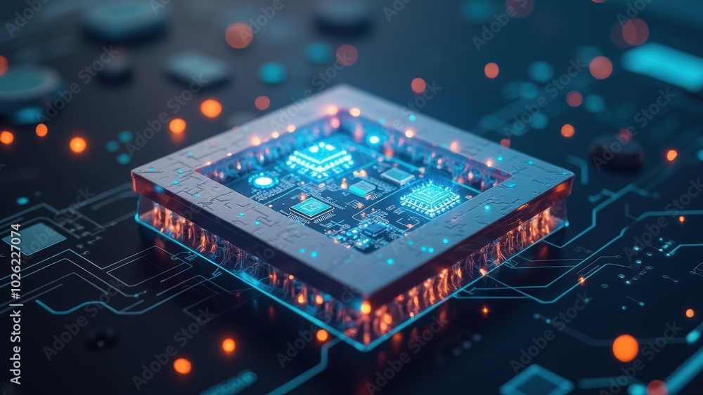 Poster futuristic microchip design with glowing elements