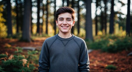 Teen Canadian guy in a casual sweater smiling portrait photo forest background