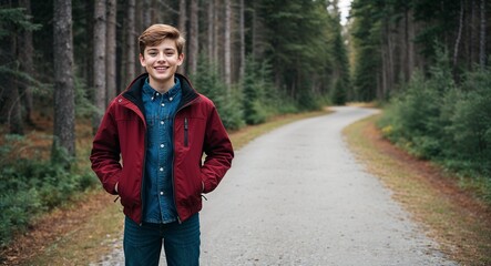 Obraz premium Teen Canadian guy in casual jeans and jacket happy expression portrait photo forest pathway background