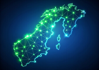 Vibrant neon green Scandinavian map outline glows against dark blue background, showcasing network of interconnected points. This visually striking representation highlights regions geographical