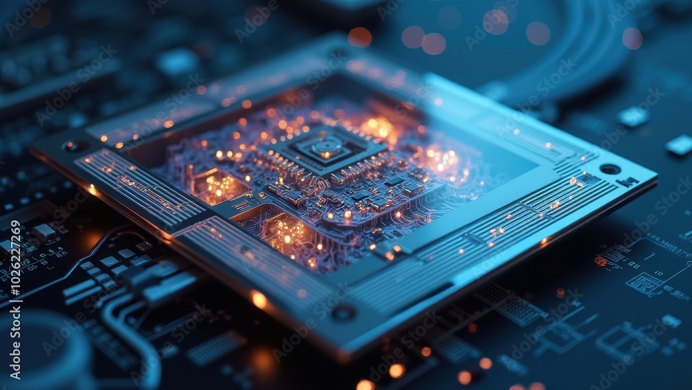 Poster detailed microchip design with glowing elements