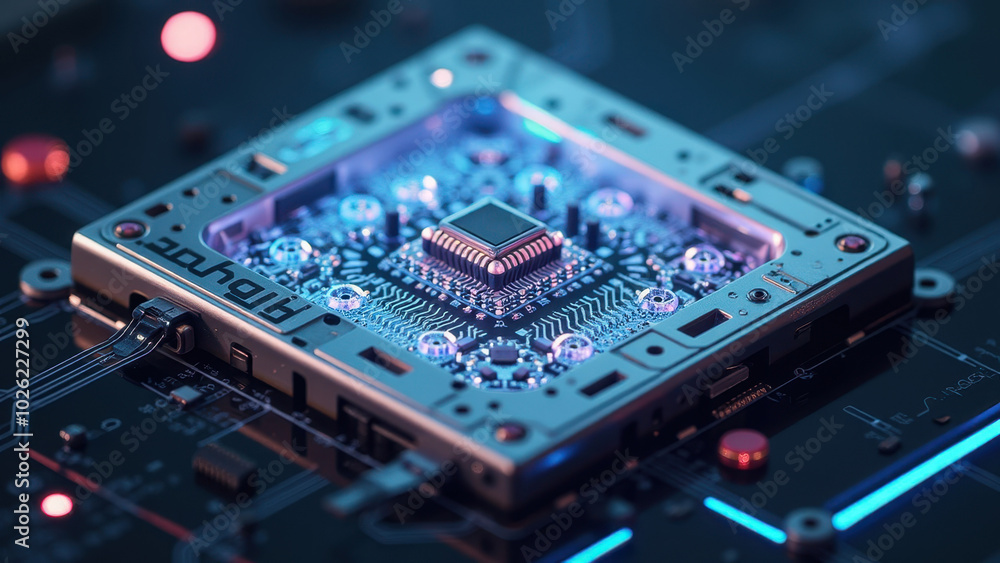Poster microchip design on circuit board with led lighting