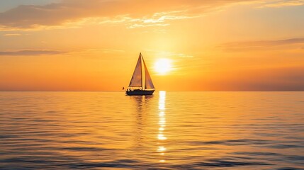 Golden sunset over a calm ocean with a sailboat in the distance.