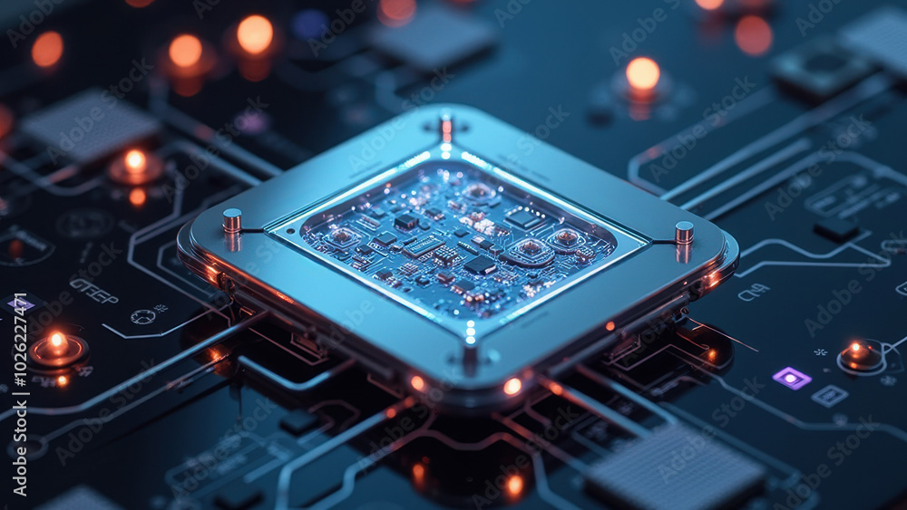 Poster microchip design on circuit board with led lights