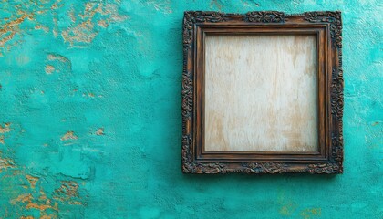 An empty ornate picture frame hangs against a textured turquoise wall, inviting creativity and personalization.