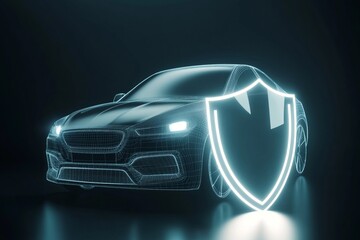 Futuristic car with a shield symbol representing security and protection and car insurance