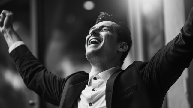 A man in a suit is smiling and laughing