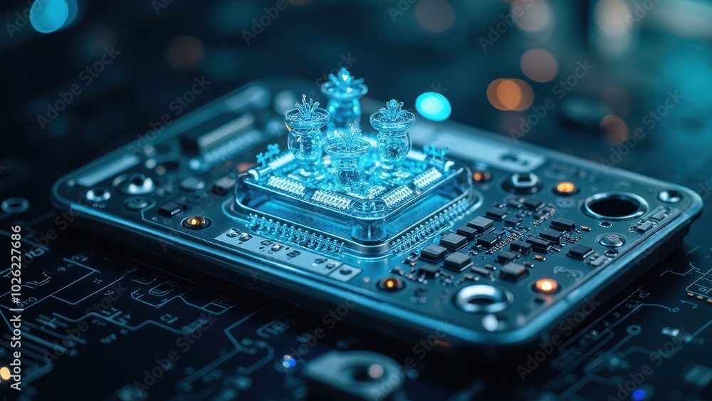 Poster futuristic microchip design on circuit board