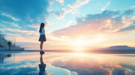 夕日と海をみつめる女子高生