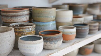 A shelf full of various colored ceramic bowls and vases
