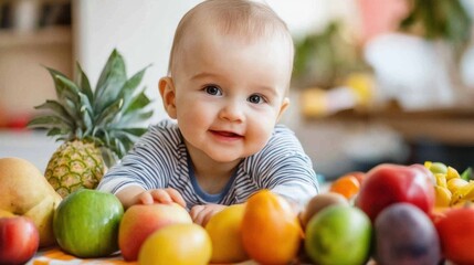 Fototapeta premium Happy baby surrounded by colorful fruits