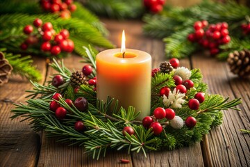 Single candle in christmas wreath holiday border of evergreen branches and red berries