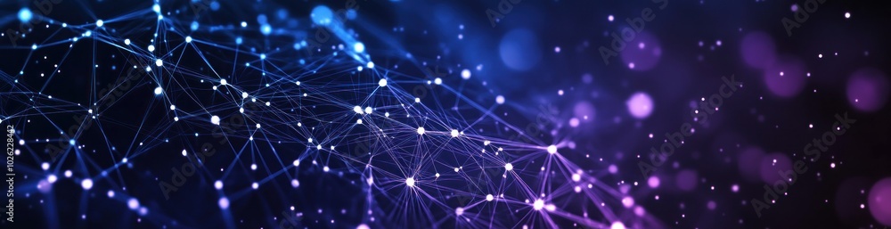 Poster abstract background with a blue and purple network of lines and dots.