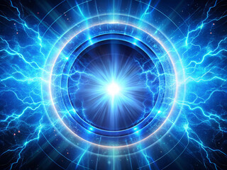 Obraz premium vibrant blue holographic portal radiates intense pulses of light, surrounded by electric energy and dynamic patterns. This captivating image evokes sense of wonder and excitement