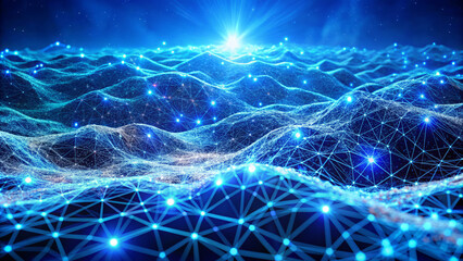 stunning digital representation of vibrant electric blue ocean waves, showcasing intricate network patterns and glowing connections. scene evokes sense of depth and futuristic technology