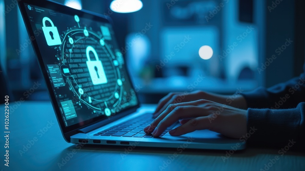 Poster laptop with security graphics in a modern workspace