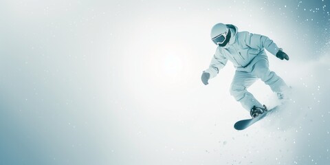 Snowboarder in a white suit jumps on a mountain on a sunny day. Man jumps with a snowboard.