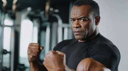 Man doing bicep curls, middle-aged African American man with short black hair, bright gym, copy space