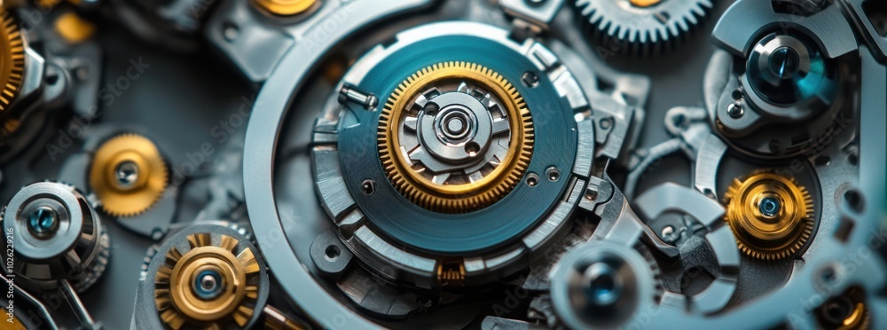 Poster close-up of intricate clockwork mechanism with gold and silver gears, showcasing precision engineeri