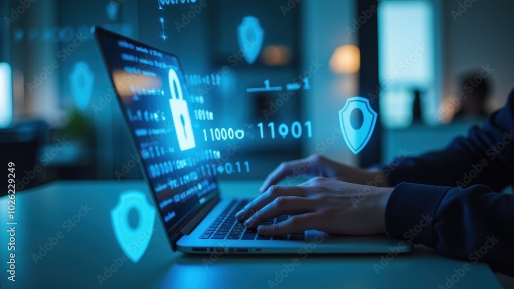 Poster secure laptop in digital environment with data protection