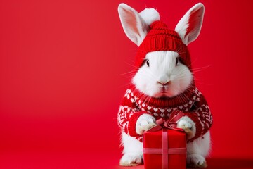 Merry Christmas banner with white rabbit in red sweater and hat with gift box on red background. Happy new year background with space for text. Generative AI.