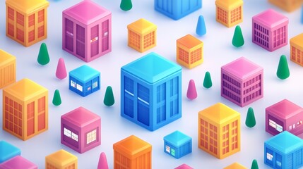 Fototapeta premium Colorful 3D buildings with trees on a white isolate background