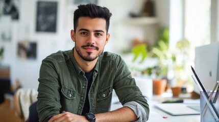 Graphic designer using graphic pen, young Hispanic man with short black hair, modern workspace, clean background, minimal elements