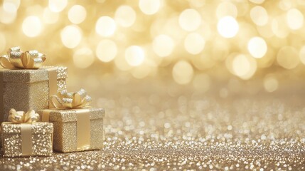 Glittering gold presents beautifully arranged on a sparkling surface to celebrate a special occasion during festive season