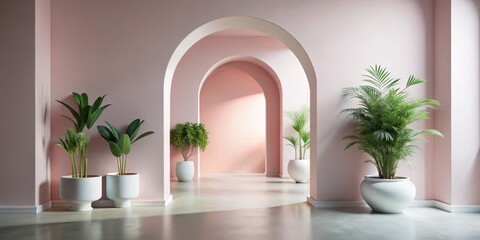Elegant modern minimalist interior featuring a pink archway and white pots, creating a contemporary home design that blends chic aesthetics with serene simplicity.